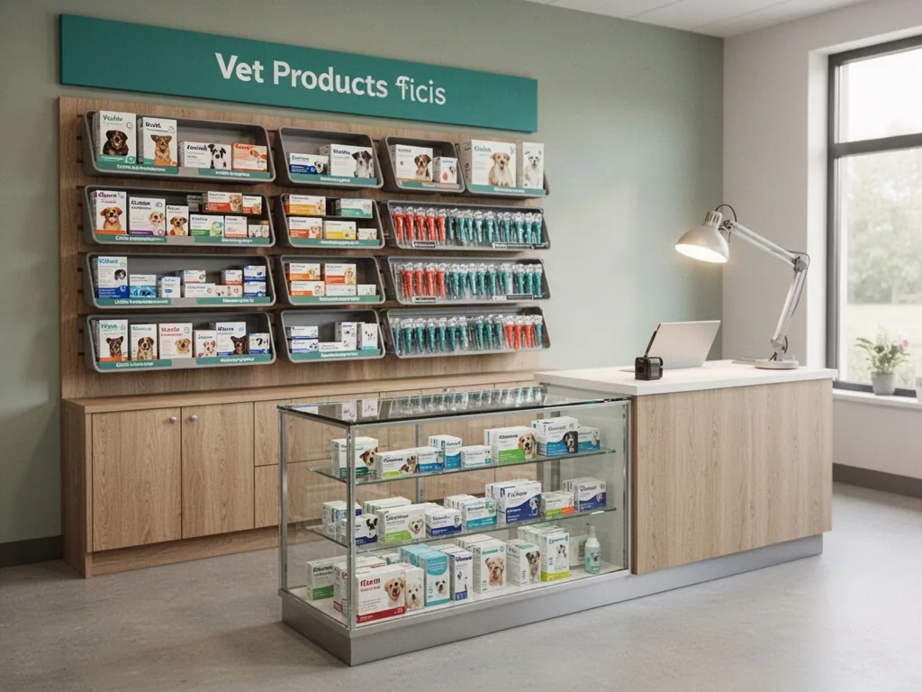 A vet product wall with pet medicines and tick pipettes in labelled trays, a glass-fronted counter below, consultation l