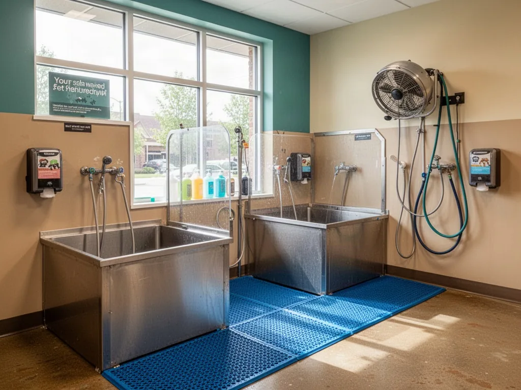 A self-service pet washing area with two raised stainless-steel tubs, blue rubber matting, hose and shampoo dispensers,