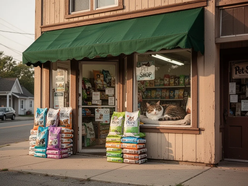 A small pet shop storefront with a green awning, bags of dog food stacked by the entrance, a sleeping cat in the window,