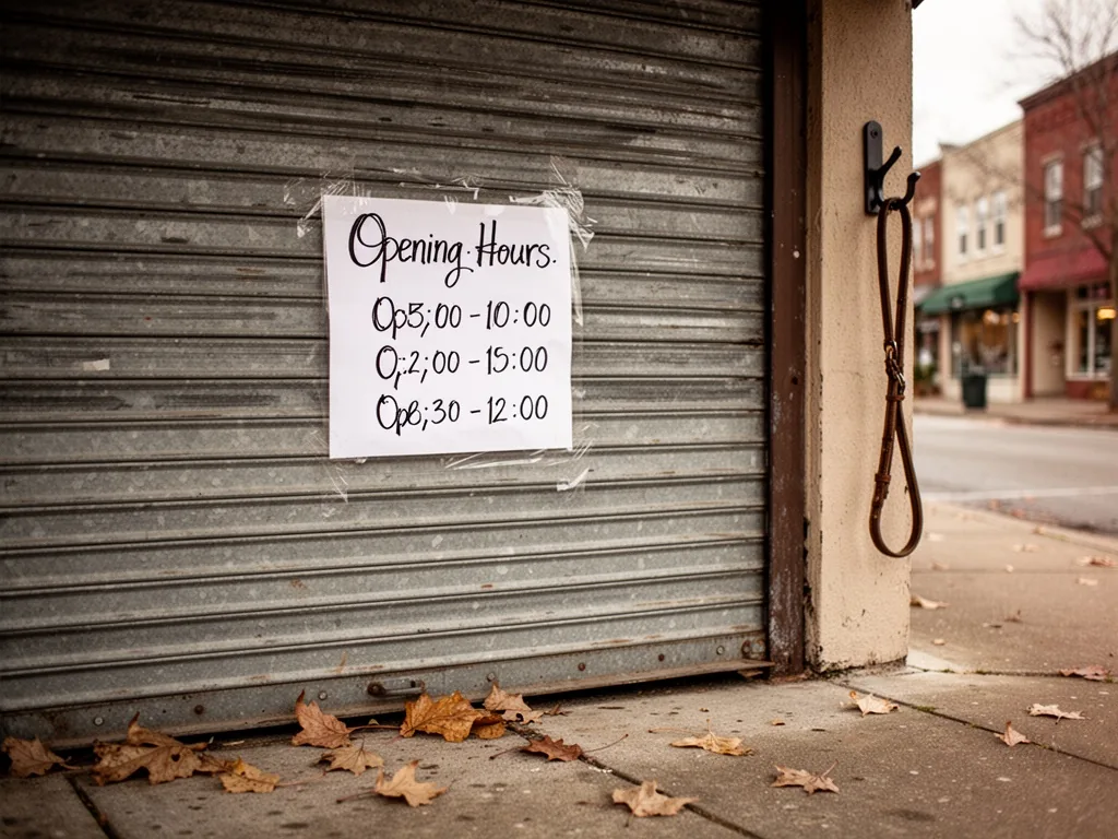A closed metal shutter with a handwritten opening-hours sign taped to it, a few dry leaves on the pavement, a dog leash