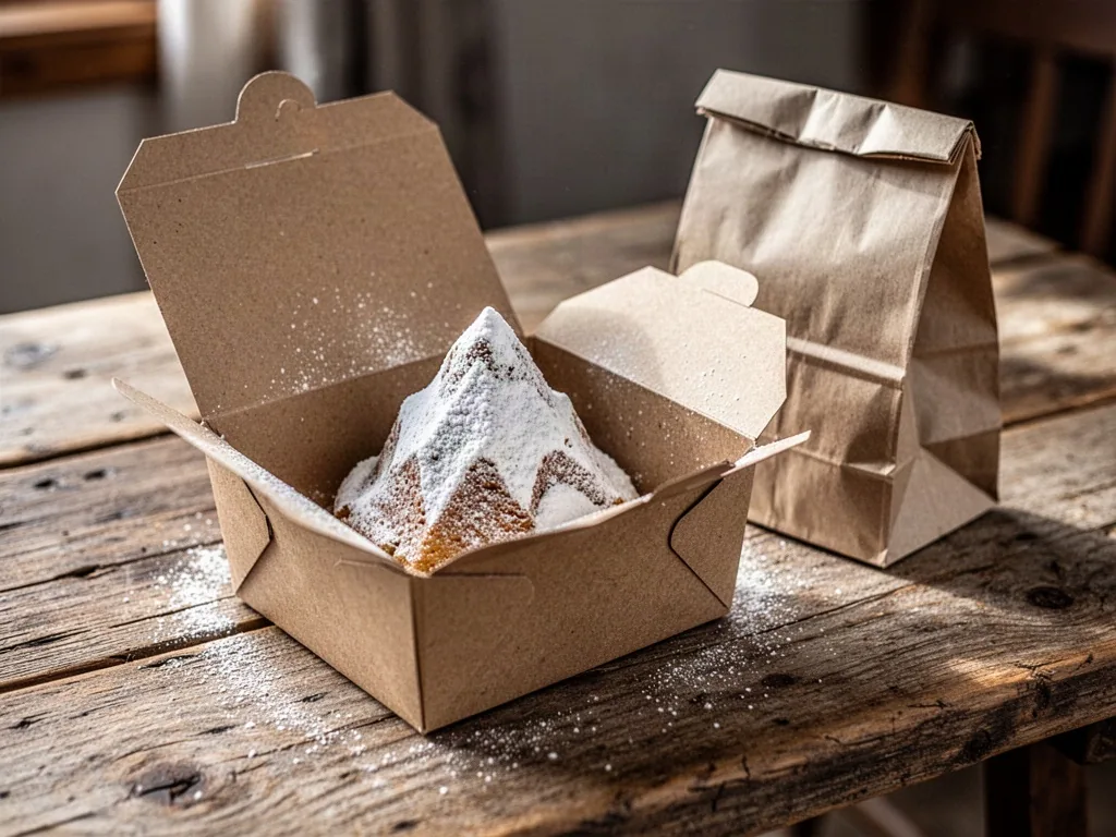 A cardboard takeaway box on a rustic wooden table, inside a small mountain-shaped cake with snow-like powdered sugar, be