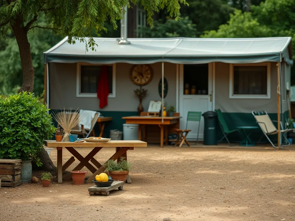 Tente plantée dans un verger de la Drôme provençale avec une table de pique-nique en bois et des collines en arrière-plan