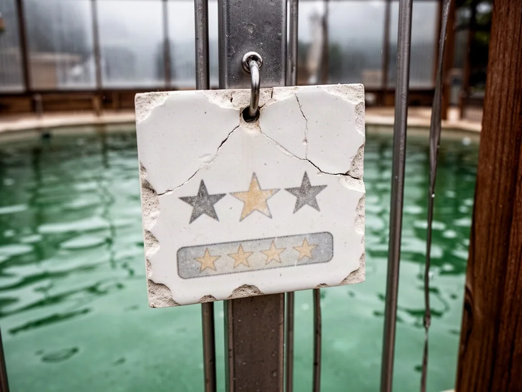 A chipped white ceramic pool tile with a faded star rating badge hanging on a metal gate, a green pool water surface in