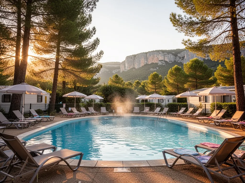 A heated swimming pool with sun loungers and umbrellas at a campsite in Ardèche, surrounded by pine trees and a view of