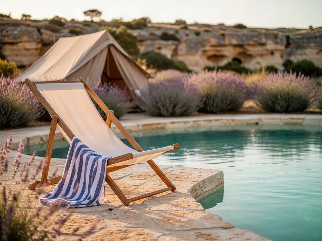 A canvas deckchair with a striped towel beside a natural pool, camping tent and lavender bushes in soft-focus background