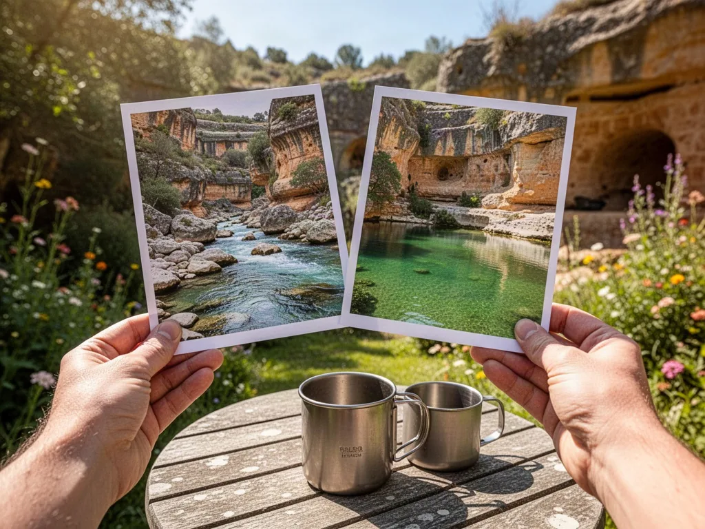 Two sunlit hands holding up two printed photographs: one of a rocky river, one of a calm green pool, over a garden table