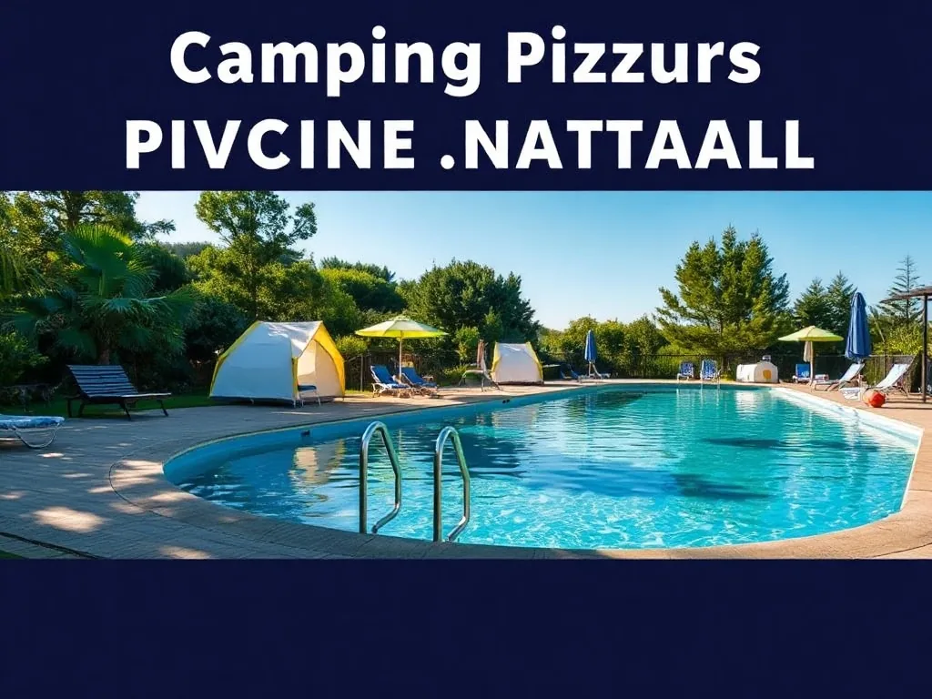 Piscine naturelle bordée de rochers, tentes et caravanes, paysage de Drôme provençale