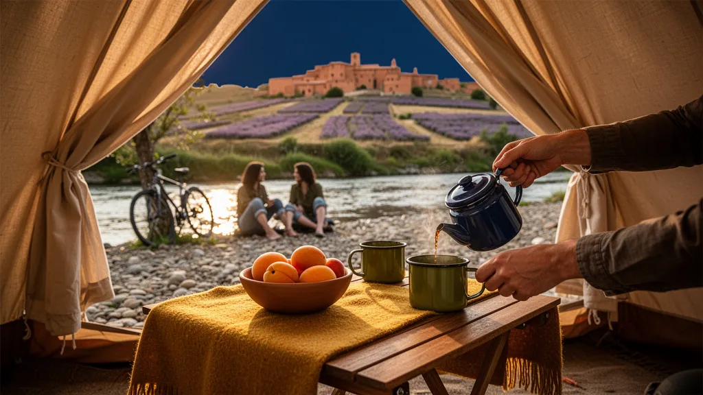 Emplacement de camping au bord d'une rivière en Drôme, tentes et caravanes sous des chênes