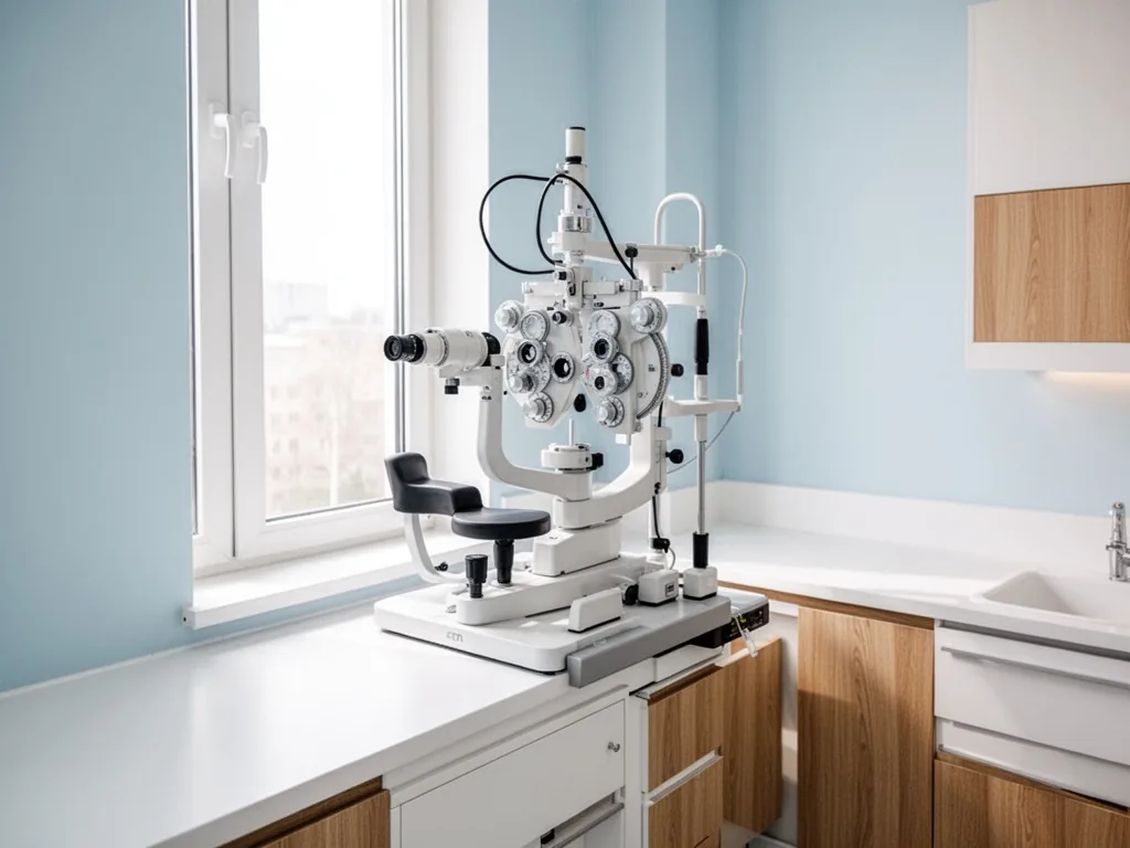 A modern ophthalmic examination machine with a chin rest and lens dial, positioned near a tall window in a bright medica
