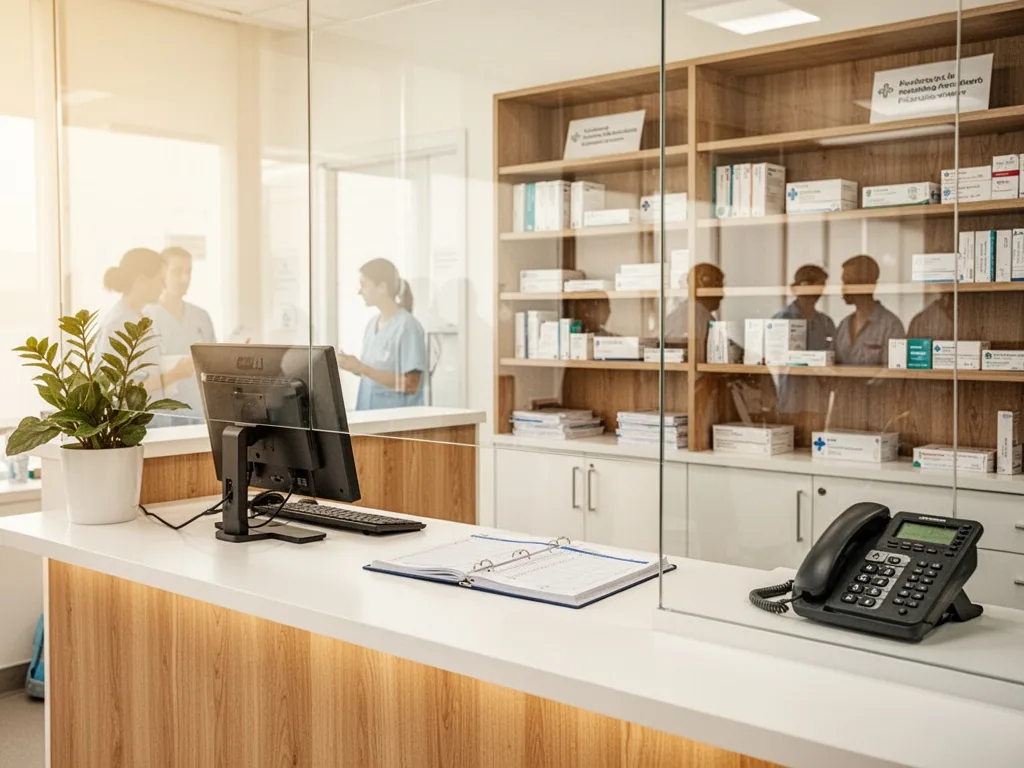 A neatly arranged reception desk with a computer monitor, appointment book, and telephone, organized shelves behind a gl