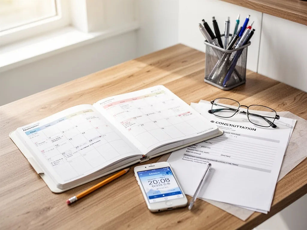 An open appointment calendar on a wooden desk with a pencil, a smartphone showing a date, eyeglasses beside a blank cons