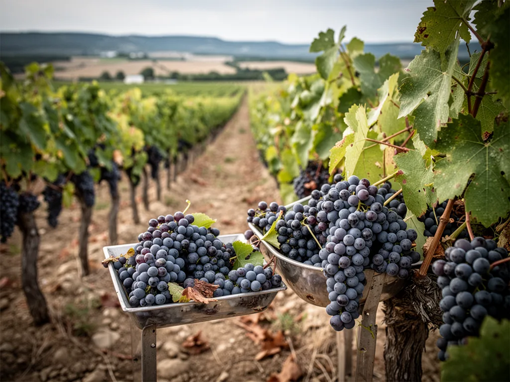 Rangs de vigne sur coteaux dans la Drôme, grappes mûres et lumière de fin de journée sur la vallée du Rhône