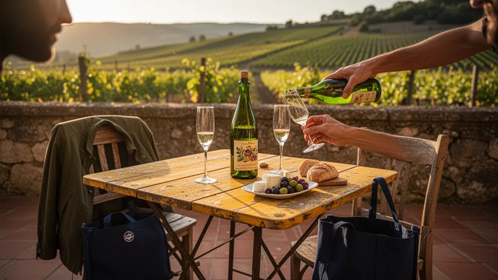 Coteaux en Diois avec rangs de vigne et bouteille de Clairette de Die posée sur une pierre