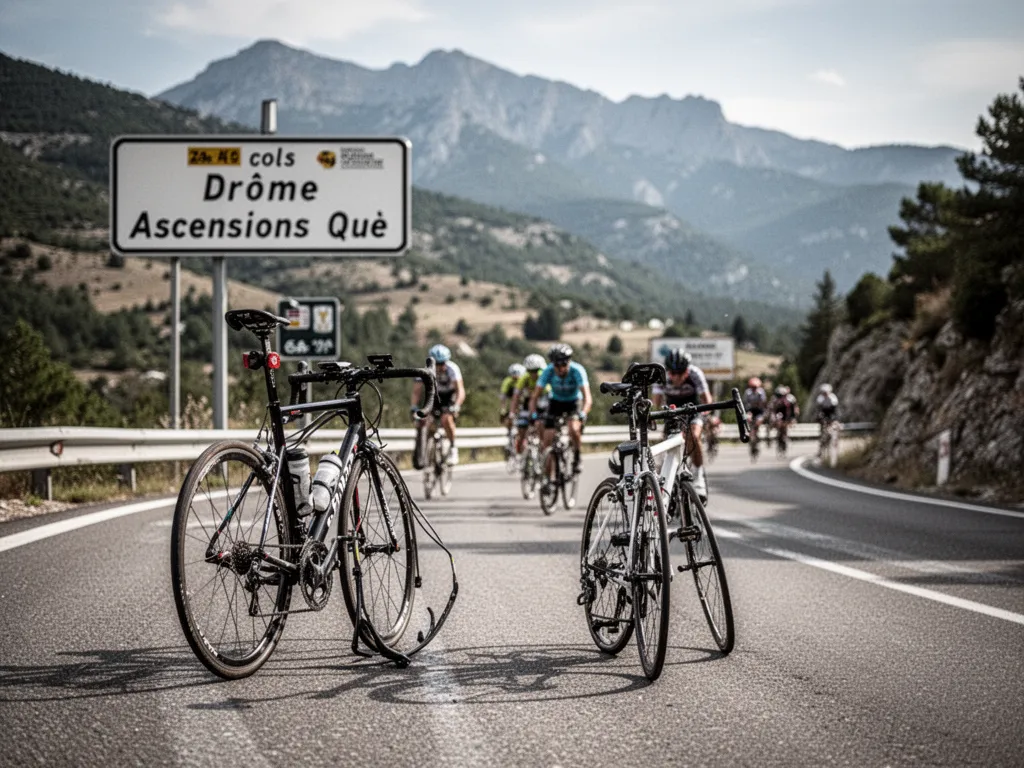 Route sinueuse bordée de lavande montant vers un col drômois avec vue dégagée sur les Préalpes