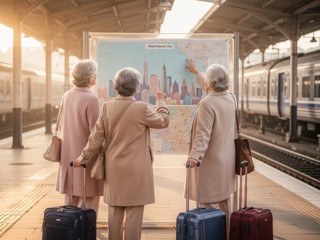 Two senior women seen from behind, one pointing at a skyline map, rolling suitcases beside them, sunlit train station pl