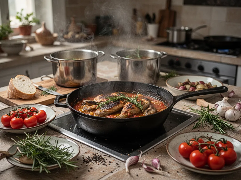 Un étal de marché provençal avec tomates, courgettes, aubergines, ail et un flacon d’huile d’olive, lumière de fin de matinée