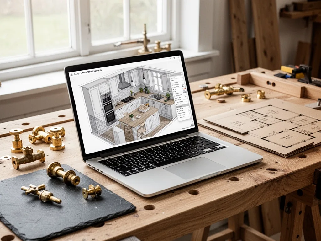 An open laptop displaying a 3D kitchen plan on a wooden workbench, surrounded by brass fittings and a cardboard floor pl