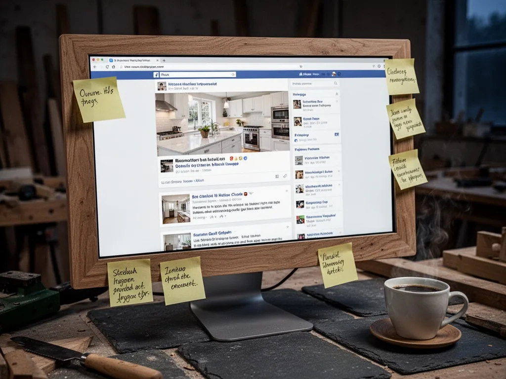 A computer monitor displaying an open forum page about kitchen renovations, sticky notes on the screen frame, a cup of c