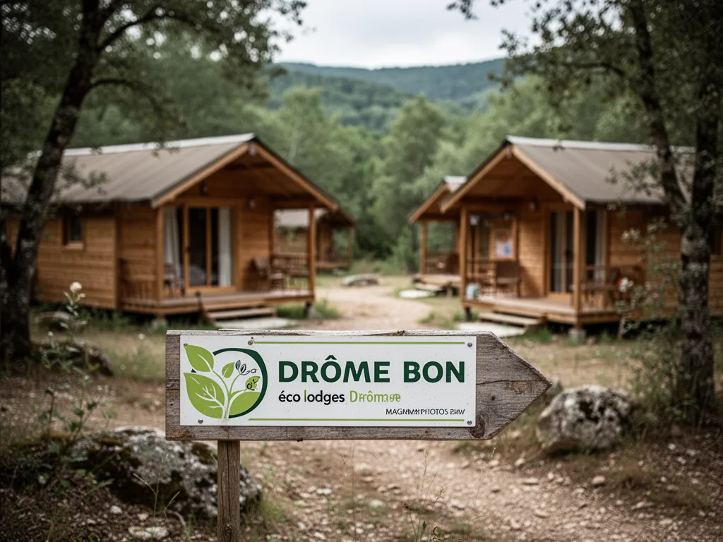 Lodge en bois avec terrasse face aux collines de la Drôme, arbres autour et lumière de fin de journée