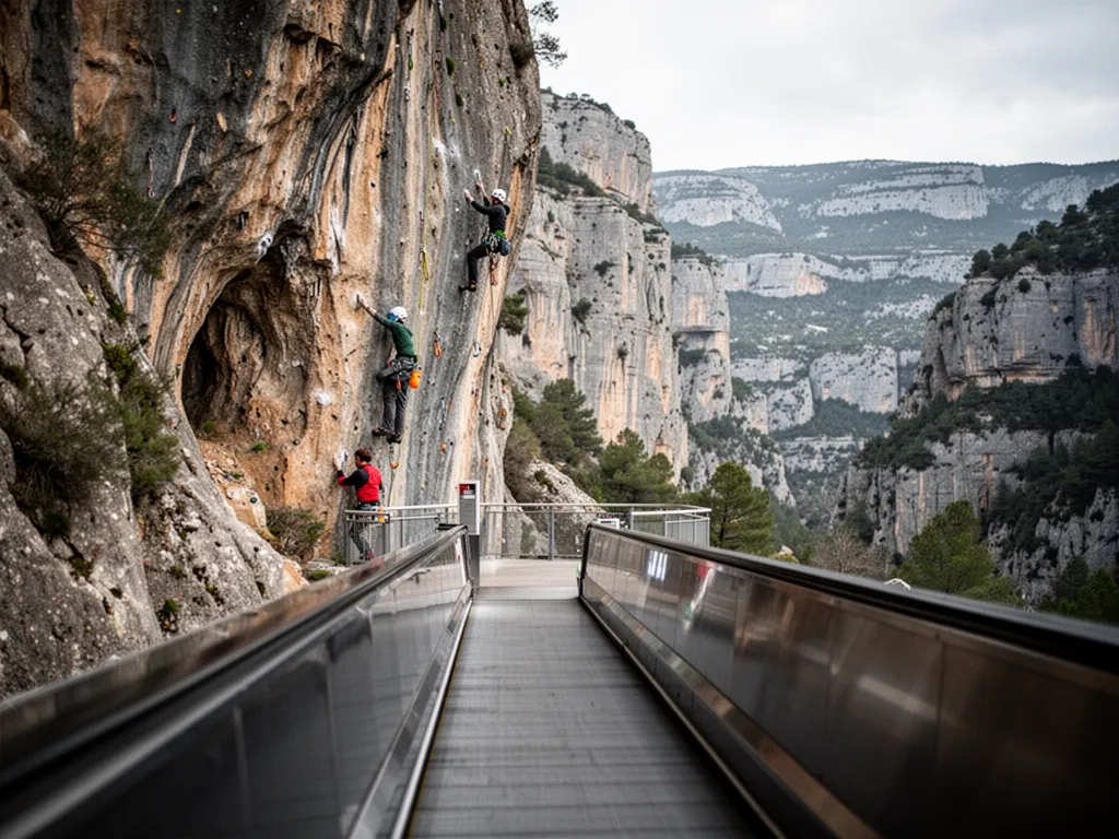 Grimpeur sur une falaise calcaire ensoleillée dans la Drôme, vallée verdoyante en arrière-plan