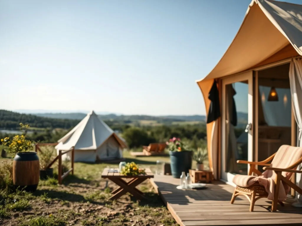 Tente lodge en toile beige au bord d'une rivière claire, entourée de chênes verts, avec une terrasse en bois.