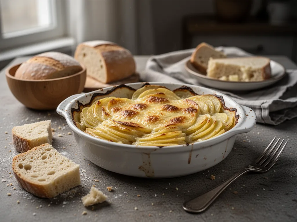 Gratin dauphinois doré dans un plat en terre cuite, avec une croûte légèrement gratinée et une cuillère en bois.