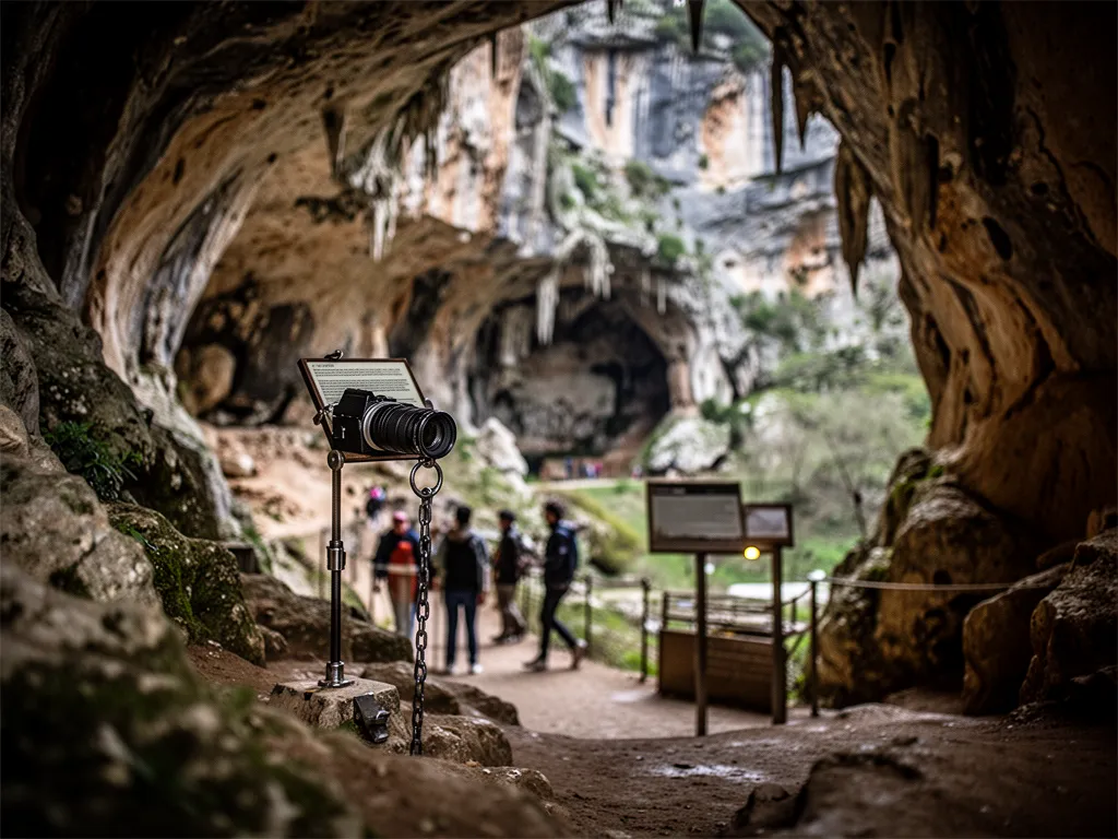 Intérieur de la grotte de Thaïs, concrétions calcaires et éclairage indirect mettant en valeur des stalactites, une colonne et la rivière souterraine en contrebas