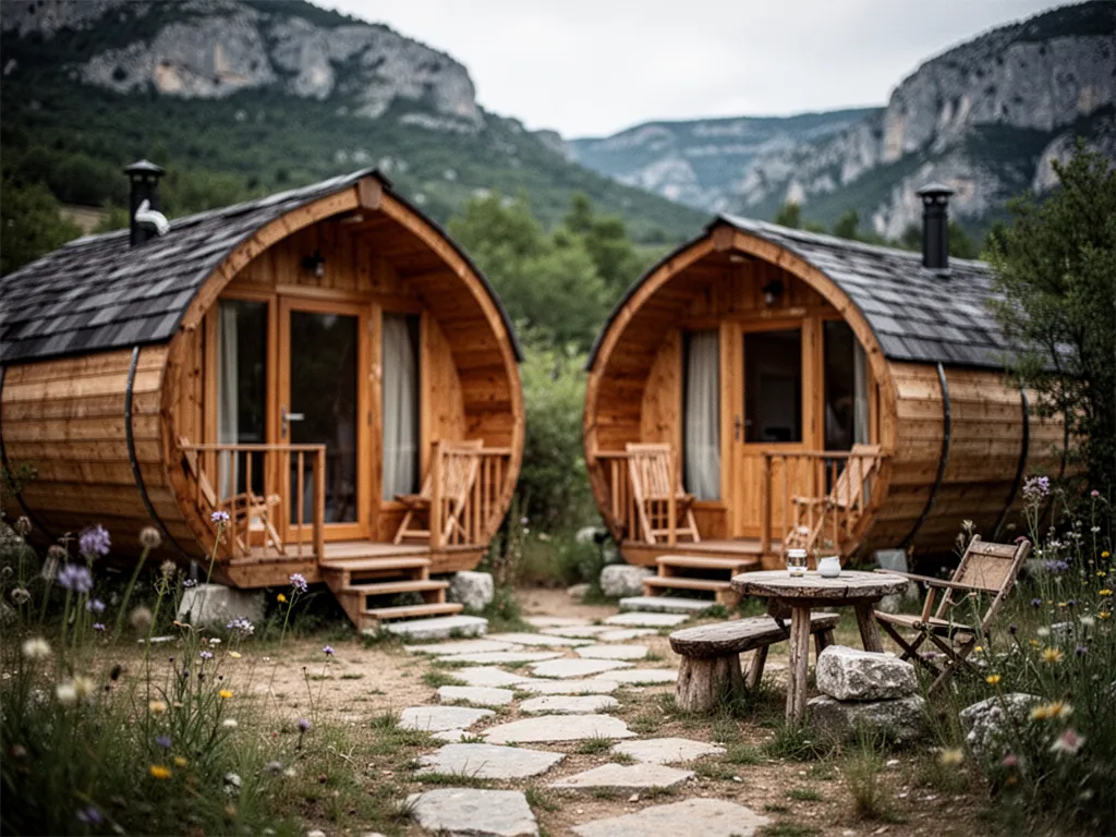 Cabane en bois avec terrasse au milieu des arbres dans un paysage de collines drômoises