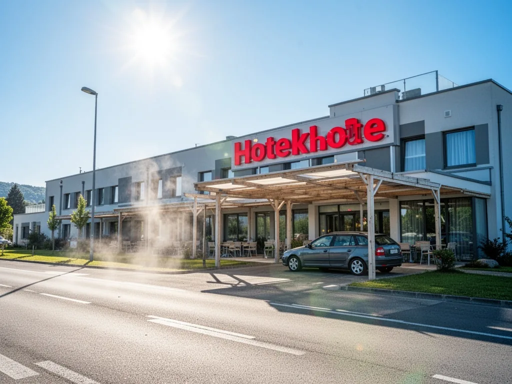 A modern roadside hotel with a bright red sign and shaded terrace, a lone car parked near the entrance, heat shimmer ris