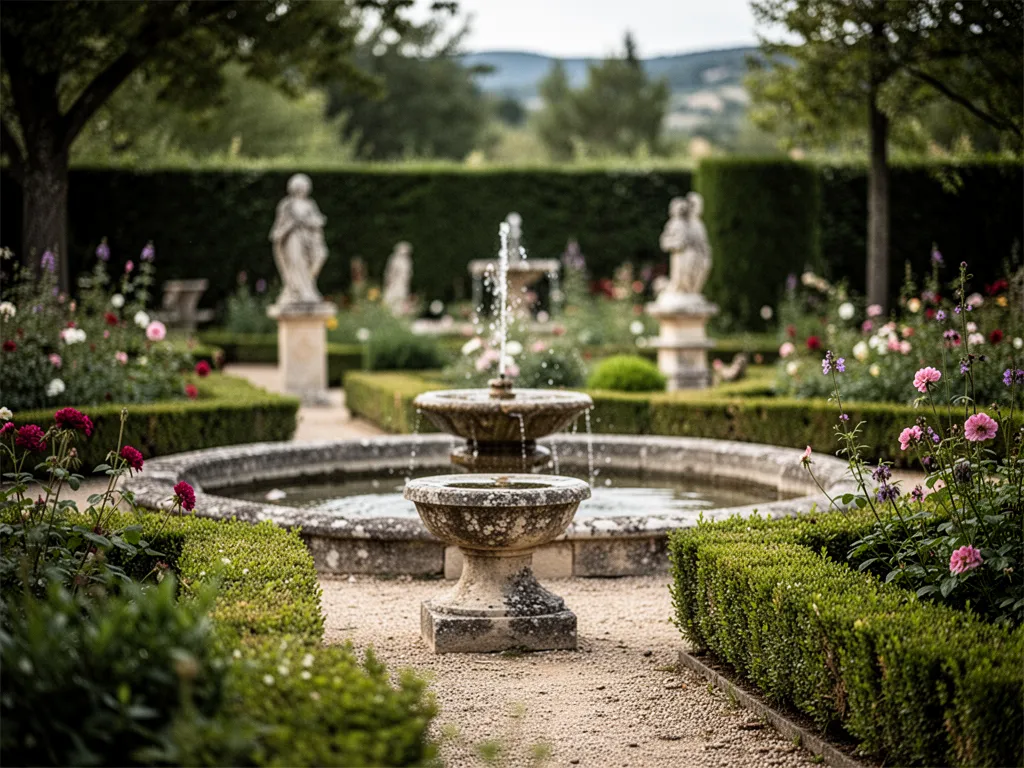 Vue du Jardin des Herbes à La Garde-Adhémar, allée bordée de plantes médicinales et aromatiques sous un ciel de juin