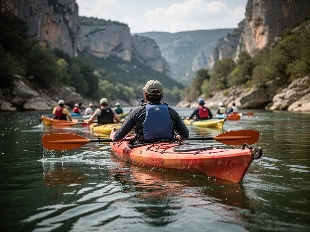 Deux kayaks sur l'eau turquoise d'une rivière encaissée, falaises calcaires en arrière-plan