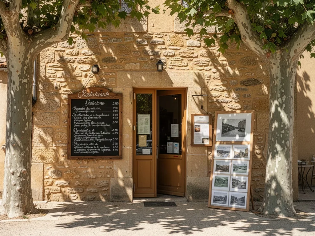 A stone facade of a small restaurant with a handwritten menu board and a gallery sign beside the door, midday sun, shado