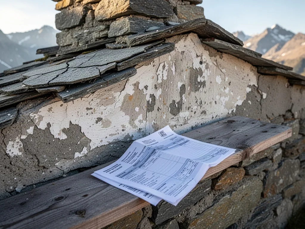 A damp stone wall with peeling paint, a cracked roof tile and a folded building estimate on a wooden plank, clear aftern