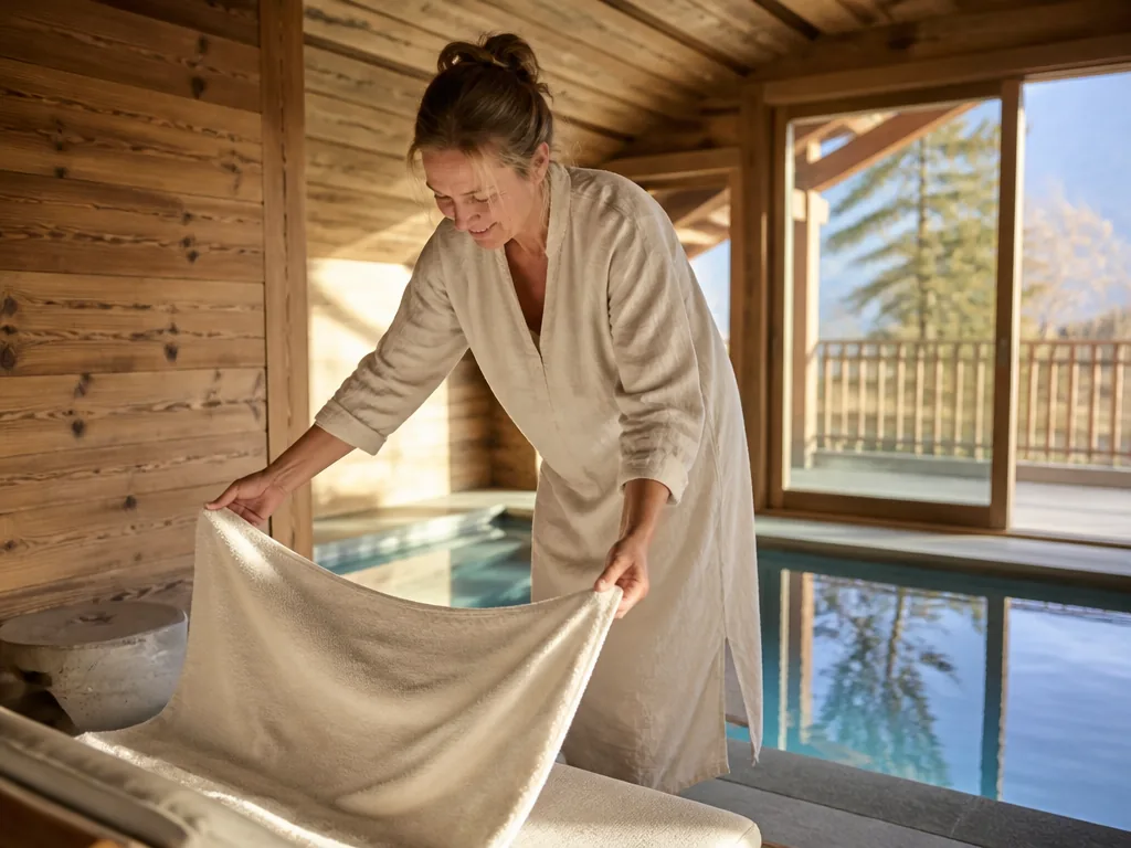 Photorealistic editorial photograph of a chalet wood interior with a private indoor pool, a middle-aged host draping a c