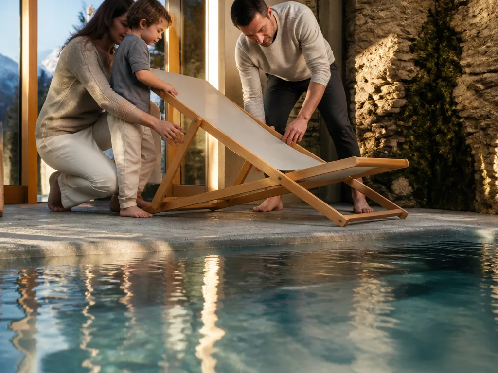 Photorealistic editorial photograph of a family’s hands adjusting a wooden deck chair beside a heated pool inside a chal