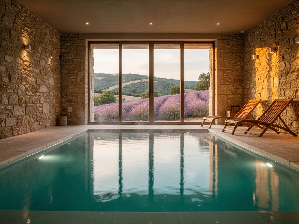 A private indoor heated pool with stone walls, soft reflections on turquoise water, floor-to-ceiling window overlooking