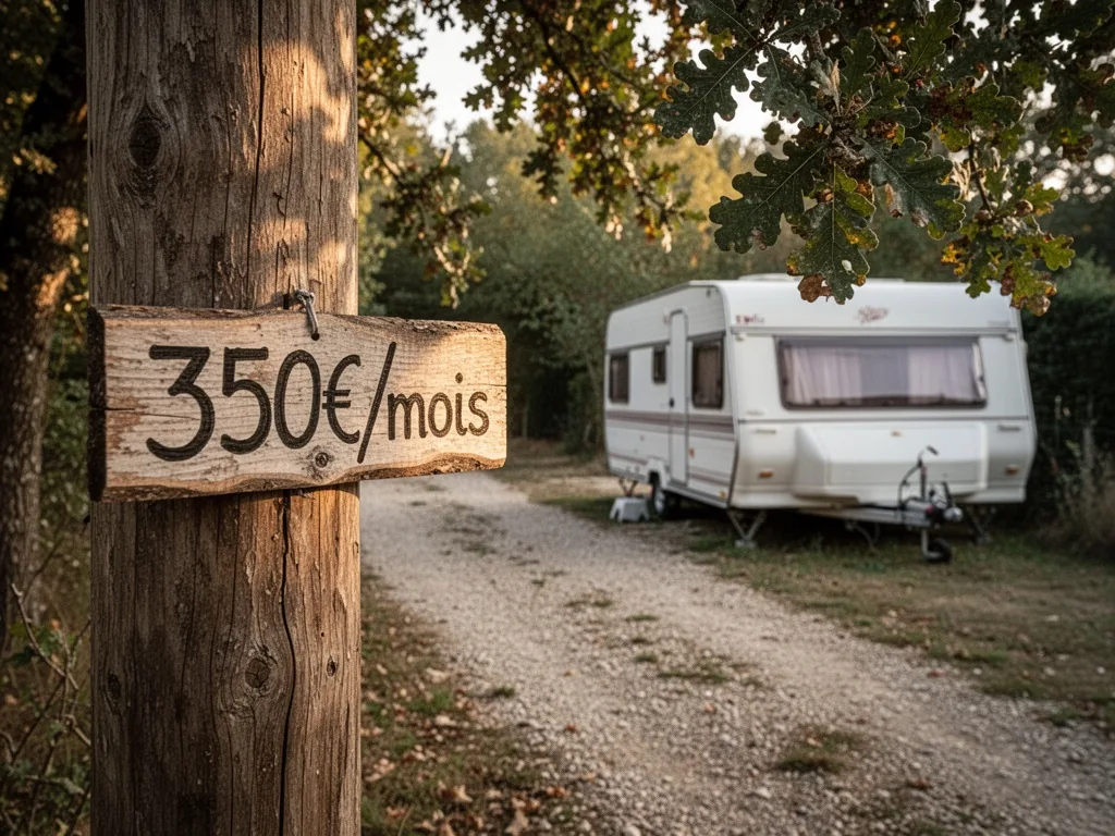 A wooden post with a handwritten "350€/mois" sign, gravel path leading to a white caravan, afternoon sunlight filtering