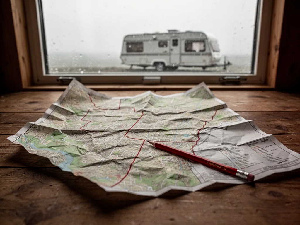 A crumpled zoning map on a wooden table, a red pencil marking a boundary line, distant caravan silhouette through a wind