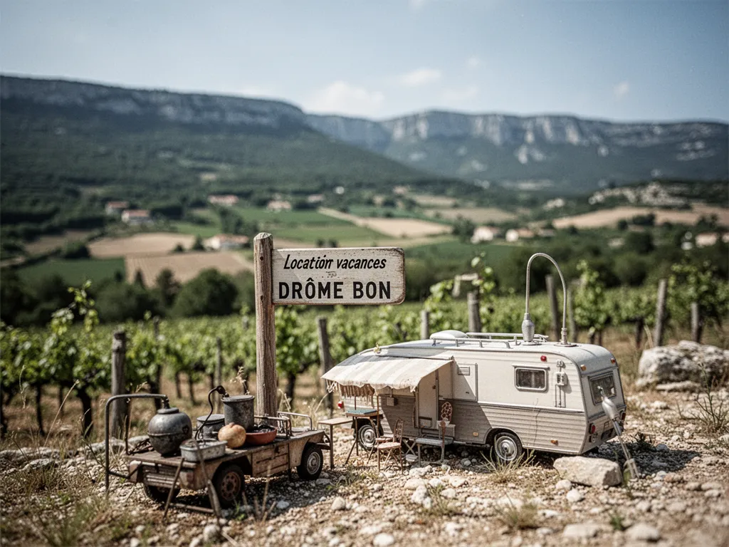 Maison de vacances en pierre dans la Drôme avec terrasse ombragée et collines en arrière-plan