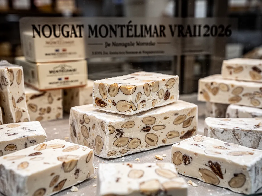 Barres de nougat de Montélimar tranchées, laissant apparaître amandes entières et pistaches dans une pâte blanche aérée