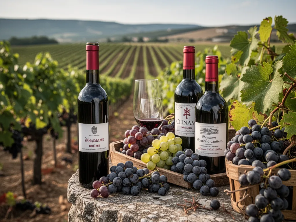 Rangées de vignes dans la Drôme avec collines en arrière-plan et caveau de dégustation en pierre