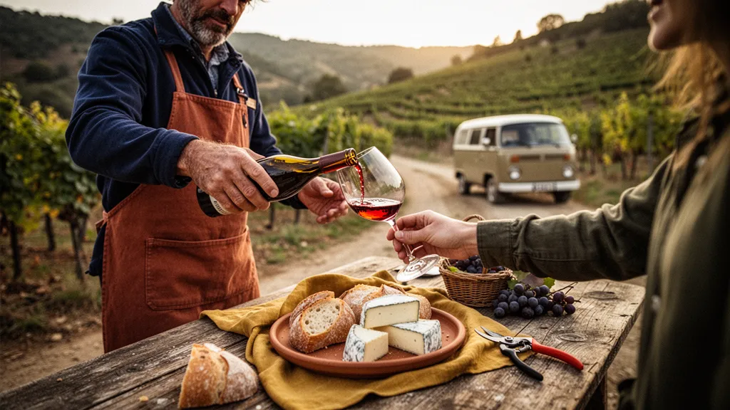 Rangées de vignes au coucher du soleil dans une vallée de la Drôme, avec collines et ciel dégagé