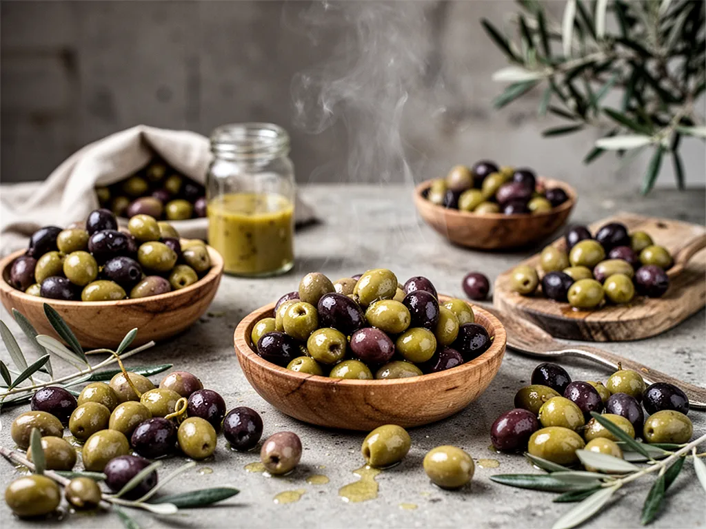 Bol d'olives noires de Nyons AOP sur une planche en bois, quelques feuilles de laurier, un filet d'huile d'olive