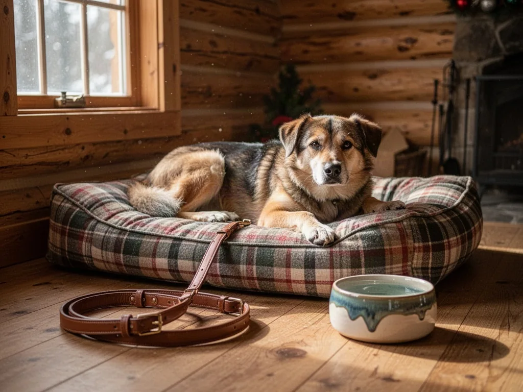 A relaxed dog resting on a plaid dog bed inside a rustic cabin, leather leash and ceramic water bowl on wooden floor, so