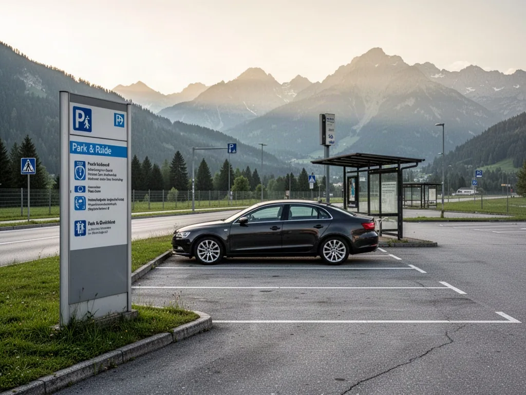 A lone commuter car parked in a free park-and-ride lot beside a modern sign, a bus shelter and distant Alpine hills, low