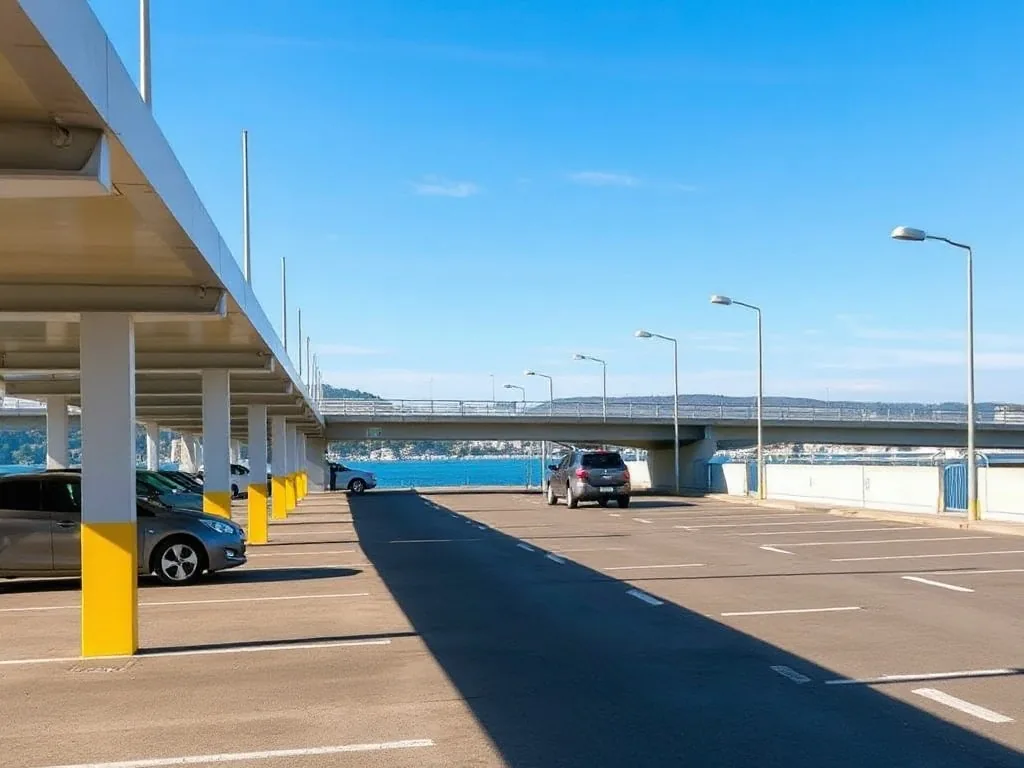 Voitures garées au parking relais San Marino, le barrage de Saint-Égrève en toile de fond