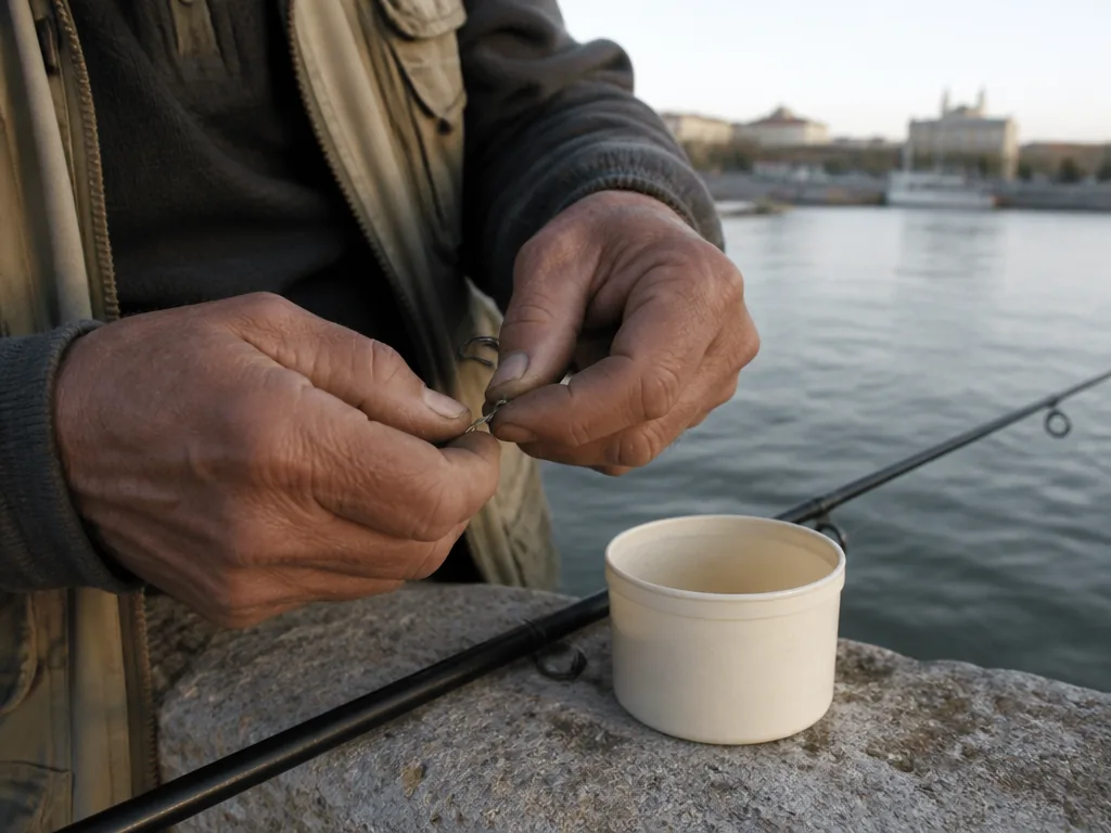 Photorealistic editorial photograph of an angler's weathered hands tying a heavy hook line beside a grey Rhône bank, rod
