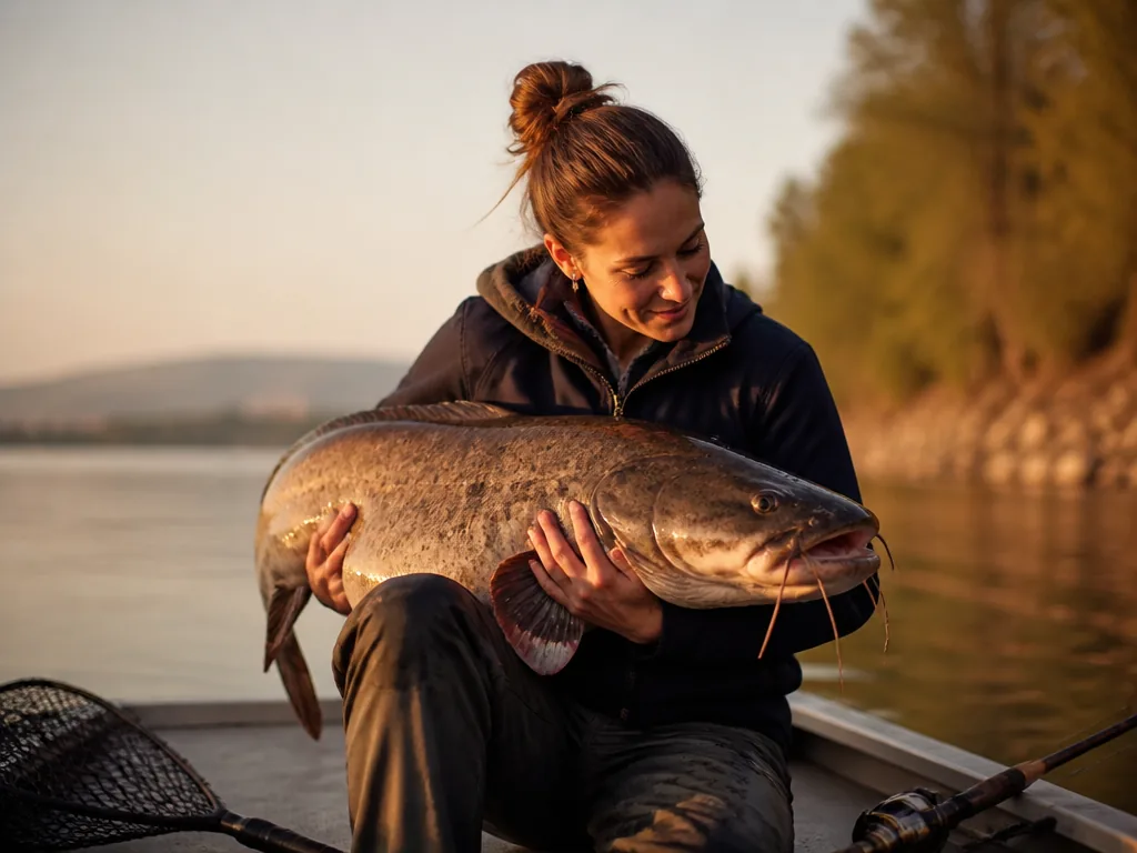 Pêcheur présentant un silure pêché dans le Rhône