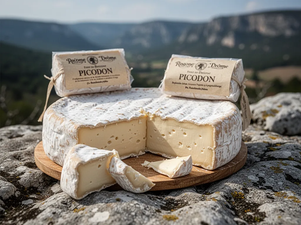 Petits palets de picodon de chèvre affinés sur une planche en bois, croûte fine et texture variable