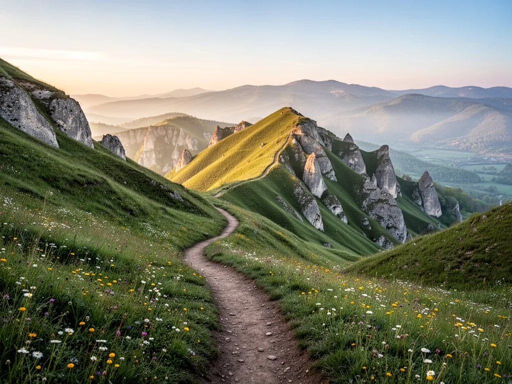 A winding dirt trail through green limestone hills with scattered wildflowers, soft golden morning light, distant hazy m